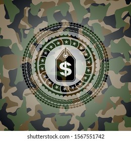 money tag icon on camouflaged pattern