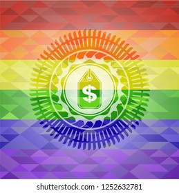 money tag icon on mosaic background with the colors of the LGBT flag