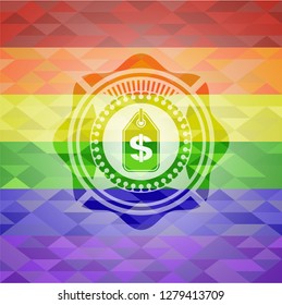 money tag icon on mosaic background with the colors of the LGBT flag