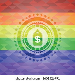 money tag icon on mosaic background with the colors of the LGBT flag