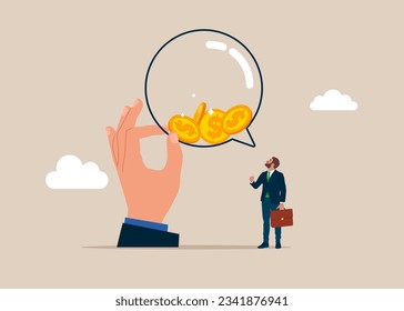 Money talks. Human hands keeps speech bubble filled with metal dollar coins. Business, Company, Funds, gold. Vector illustration.