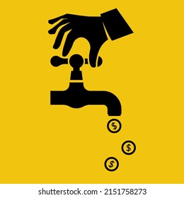 Money tap black icon. Vector illustration flat design. Isolated on yellow background. Open a water tap, gold coins fall. Finance faucet. Achievement success. Cash flow concept. 