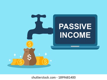 Money from tap and computer in flat design. Passive income concept vector illustration. Business investment income.
