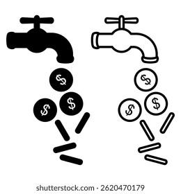 money tap with faucet and coin drop icon, flat style pictogram icon for ui or ux mobile app, vector illustration logo symbol design, isolated on white