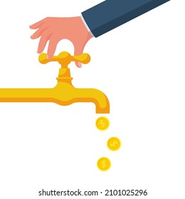 Golpee el dinero. Diseño plano de ilustración vectorial. Aislado sobre fondo blanco. Abre un grifo de agua, las monedas de oro caen. Faucetos financieros. Logro exitoso. Concepto de flujo de efectivo. 