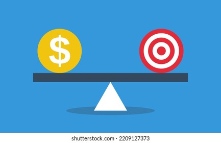 Money and target in equilibrium on seesaw. Concept of harmony and balance. Vector flat style infografics illustration.