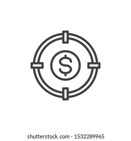 Money Target line icon. linear style sign for mobile concept and web design. Aim, dollar sign outline vector icon. Symbol, logo illustration. Vector graphics