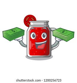 With money tasty tomato juice on cartoon table With money tasty tomato juice on cartoon table