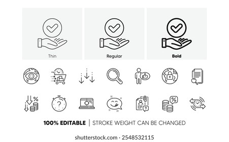 Imposto monetário, arquivo de pesquisa e ícones da linha do laptop Seo. Pacote de Aprovado caixa de seleção, ataque cibernético, ícone de entrega de alimentos. Timer, sorriso gostoso, pictograma de deflação. Tipo, Procure funcionário, Lock. Teste. Vetor