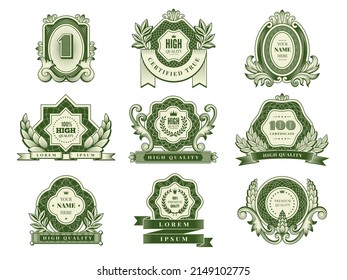 Money templates. Vintage design labels with green decorative botanical frames and place for text recent vector money pictures set