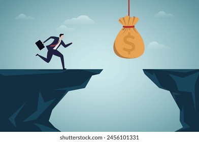Money temptation and trap. Businessman running to a money bag hanging over cliff.