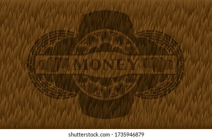 Money text inside Fur realistic badge. Pet luxurious background. Illustration. 