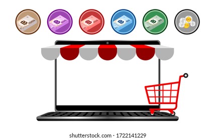 money thai baht icon and notebook for shopping online, notebook screen with shopping cart and THB money, business finance and e-commerce concept, vector