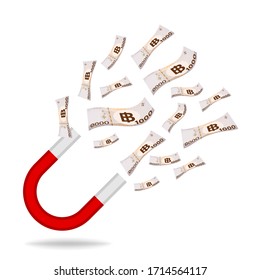 money thai baht and magnetic isolated on white, passive income concept, magnetic suction and paper money thai thb, magnetic horseshoe and many money of thailand, banknote and magnet, make money idea