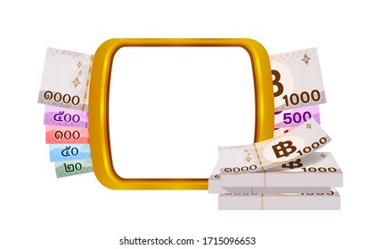 money thai banknote and golden frame for banner copy space, banknote money baht and gold square shape for text, paper money for salary and savings concept, currency THB thai and white space background