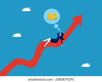 Money that grows. woman lies on a growth graph dreaming of a pile of money