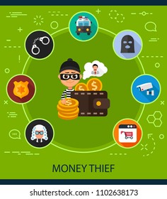 Money thief flat icons concept. Vector illustration. Element template for design.