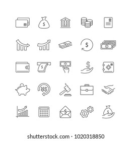 Money thin line icon set isolated on white backgroud. Flat icons for web site,mobile app,interface and law.Simple finance symbols like:dollar,euro,coin,safe,money wallet and chart. Vector illustration