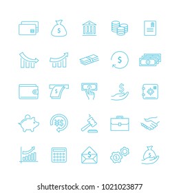 Money thin line icon set isolated on white backgroud. Flat icons for web site,mobile app,interface and law.Simple finance symbols like:dollar,euro,coin,safe,money wallet and chart. Vector illustration