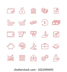 Money thin line icon set isolated on white backgroud. Flat icons for web site,mobile app,interface and law.Simple finance symbols like:dollar,euro,coin,safe,money wallet and chart. Vector illustration