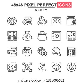 Money thin line icon set. Dollar, wallet, bank safe, calculator, capital, payment, exchange, investment unique icons. Outline vector bundle for UI UX design. 48x48 pixel perfect linear pictogram pack.