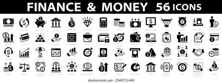 Money Thin Line Icon Set. Finance icon set. Money signs. Vector business and finance editable stroke line icon. Bank, check, law, auction, coins, exchance, payment, wallet, deposit, piggy. Vector