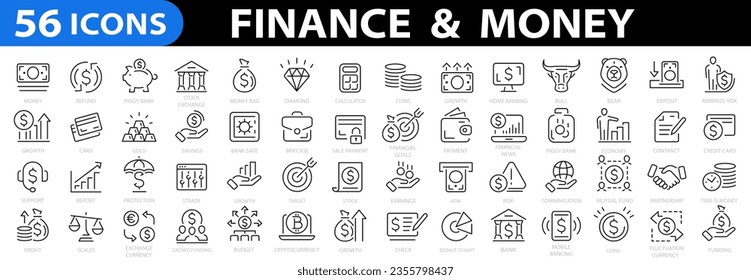 Money Thin Line Icon Set. Finance icon set. Money signs. Vector business and finance editable stroke line icon. Bank, check, law, auction, coins, exchance, payment, wallet, deposit, piggy, calculator,