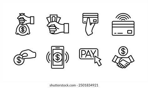 Money thin line icon set. Containing payment, click pay button, paying with coin, cash, agreement, atm card, transfer, paid, banking, credit, debit. Vector illustration