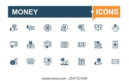 Conjunto de iconos de línea delgada de dinero. Contiene gráfico, compra, cerdo, crecimiento, riqueza, finanzas, financiero, mercado. Trazo editable de línea sólida. Línea de Vector e iconos sólidos.