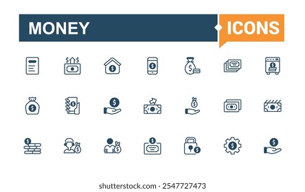 Money thin line icon set. Containing graph, buy, pig, growth, wealth, finance, financial, market. Solid line editable stroke. Vector line and solid icons.