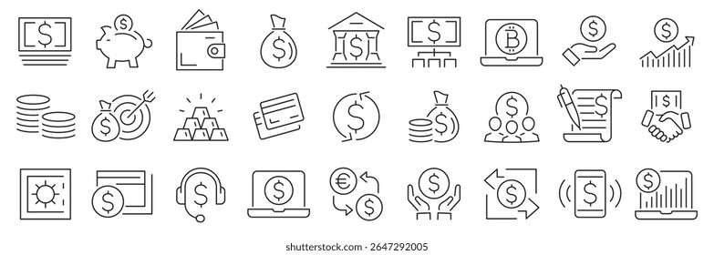Money Thin Line Icon Set. Finance icon set. Money signs. Vector business and finance editable stroke line icon. Bank, check, law, auction, coins, exchance, payment, wallet, deposit, piggy. Vector