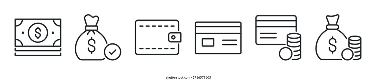 Conjunto de ícones de linha fina Money. Ícones mínimos da Web