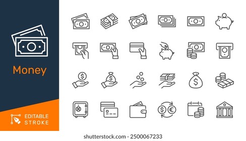 Money thin line icons. Editable stroke. Pixel perfect.