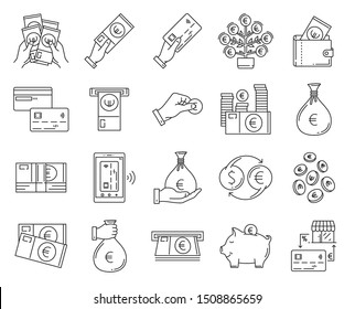 Money thin line icons . Includes such Icons as Euro, Money Tree, ATM, Cash Back, Transfer, Falling, Stack of money in hands . Vector set symbols.