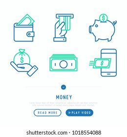 Money thin line icons set: cash, credit card, pos terminal, piggy bank, wallet, hand with coins, mobile payment. Modern vector illustration, web page template.