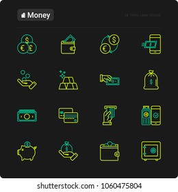 Money thin line icons set: cash, credit card, pos terminal, piggy bank, wallet, hand with coins, bag of gold. Modern vector illustration for black theme.