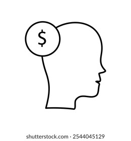 Icono de línea de pensamiento de dinero. Cabeza y Vector de dinero ilustración lineal para Web y App..eps

