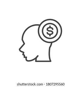 Icono de la línea de pensamiento del dinero. signo de estilo lineal para concepto móvil y diseño web. Icono vectorial de contorno de dinero en dólares y cabeza. Símbolo, ilustración del logotipo. Gráficos vectoriales