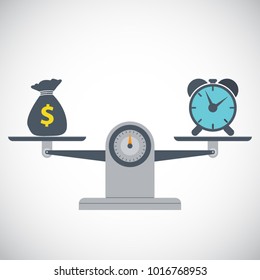  Money and time balance on scale. Time is money concept. Vector illustration.