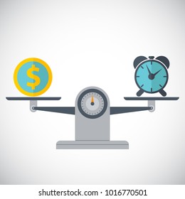 Money and time balance on scale. Time is money concept. Vector illustration.