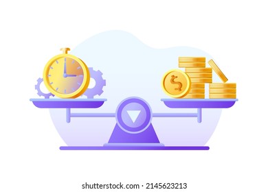 Money and time balance on scale. Weights with clock, gears and money coins. Vector flat illustration. Design for banner, poster, landing page