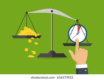 Money and time balance on the scale. Business concept. Vector illustration