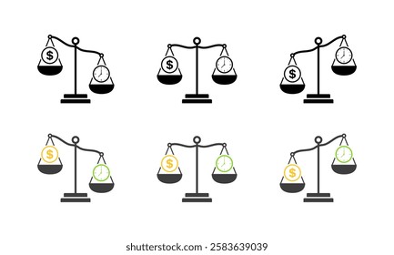 Money and time balance set icons. Libra icons. Flat and silhouette style. Vector icons.