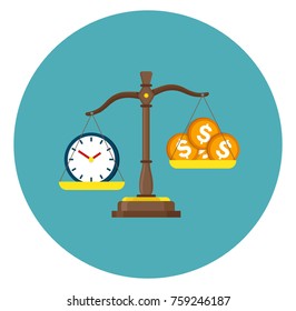 Money and Time clock balance on the scale on blue background