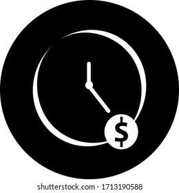 Money time, clock, watch in black circle icon. Concept of UI design elements. Digital countdown app, user interface kit, mobile clock interface. It's time to dollar vector sign