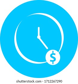 Dinero tiempo, reloj, mirar en icono azul círculo. Concepto de elementos de diseño de la interfaz de usuario. Aplicación de cuenta regresiva digital, kit de interfaz de usuario, interfaz de reloj móvil. Es el momento para el signo vectorial del dólar