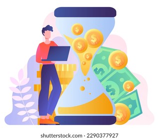 Money time concept. Man with laptop stands next to money and hourglass. Successful entrepreneur or businessman, rich young guy. Passive income and efficiency. Cartoon flat vector illustration