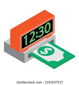 Money Time Icon isometrische Vektorgrafik. Moderne elektronische Uhr und Dollar-Wechselsymbol. Zeit, Finanzen, Geld, Einkommen