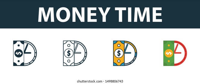 Money Time icon set. Four elements in diferent styles from money icons collection. Creative money time icons filled, outline, colored and flat symbols.