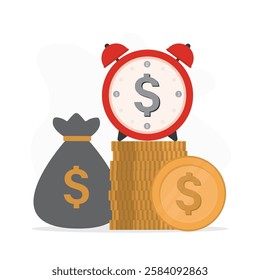 Money time, Savings, family budget. Deadline payment alarm clock reminder icon. Making money concept. Cash transaction suspend period, salary wages pay day, fast earnings. flat vector illustration